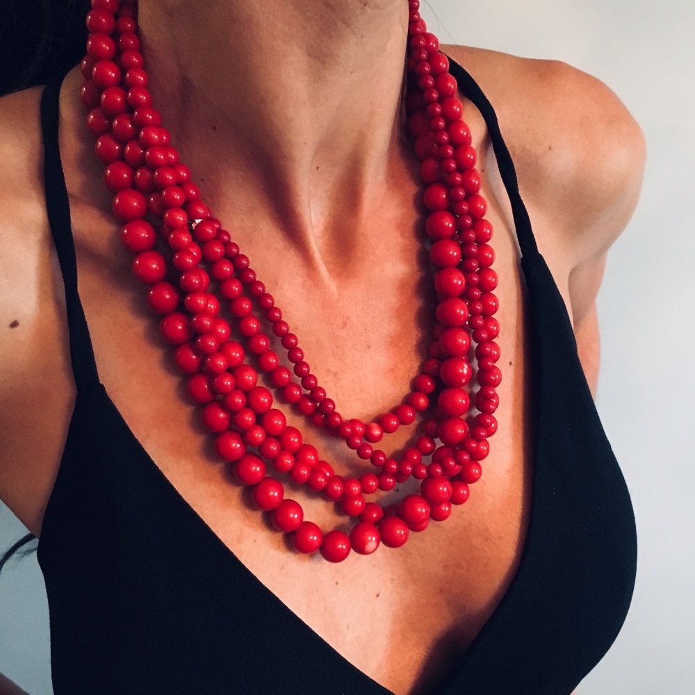 RED multi-stranded beaded statement necklace